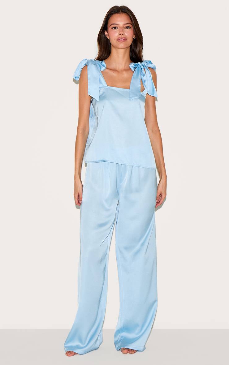 Bleu Layette Ensemble Pyjama Long Caraco En Satin Avec Nœud Ruban