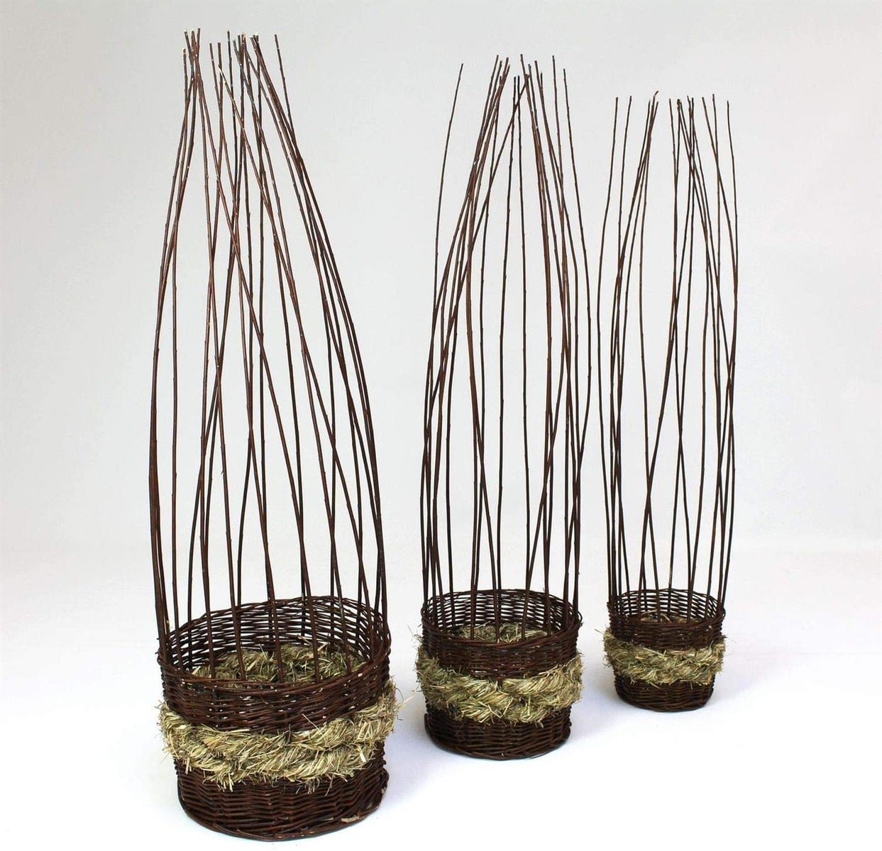 Dekoleisschaft 3x Wilgen- en stroplantmand, bloempot met trellis, plantenbak met klimhulp, tuindecoratie, plantenbak
