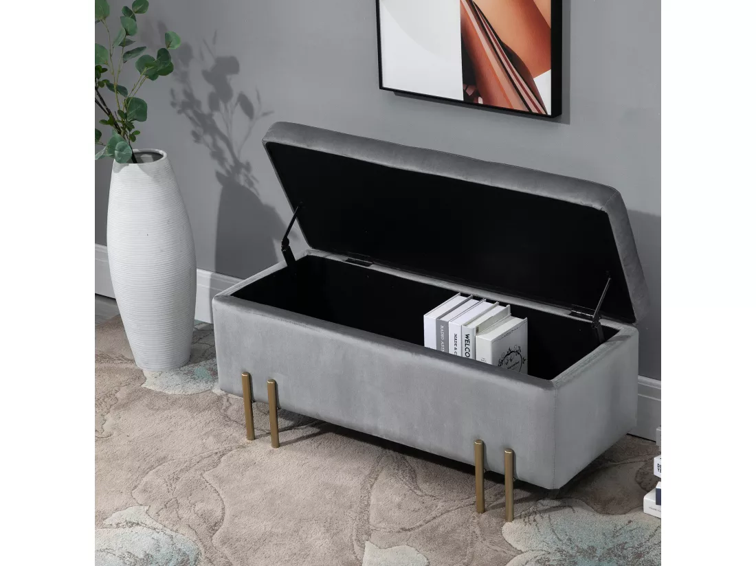 HOMCOM Grand pouf coffre de rangement design contemporain- banc avec espace de rangement - dim. 100L x 40l x 42H cm - velours gris clair piètement métal doré