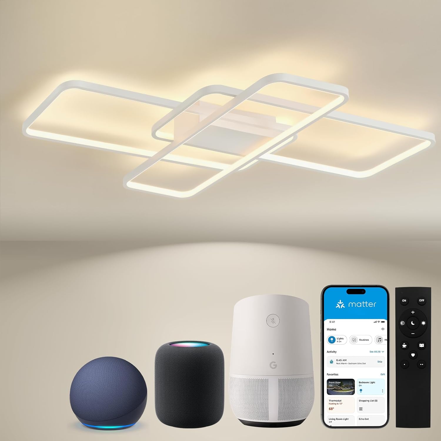 LED Deckenlamp Dimmbar Deckenleuchte with Matter, 56W 5600LM, Kompatibel Mit HomeKit, Alexa,  and IFTTT, Geometrisch Deckenbeleuchtung für Wohnzimmer, Schlafzimmer Weiß 105CM