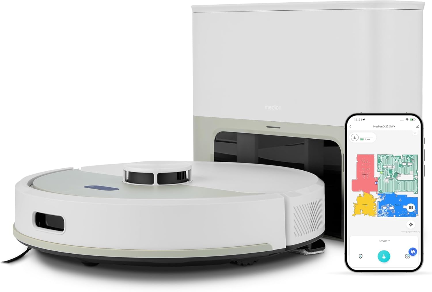 MEDION Saugroboter mit Absaugstation und Wischfunktion X22 SW+ (Lasernavigation, Starke 5000Pa Saugkraft, 2in1 Roboterstaubsauger, präzise Kartenerstellung, Go & No Go Bereiche, mehrere Etagen) grau
