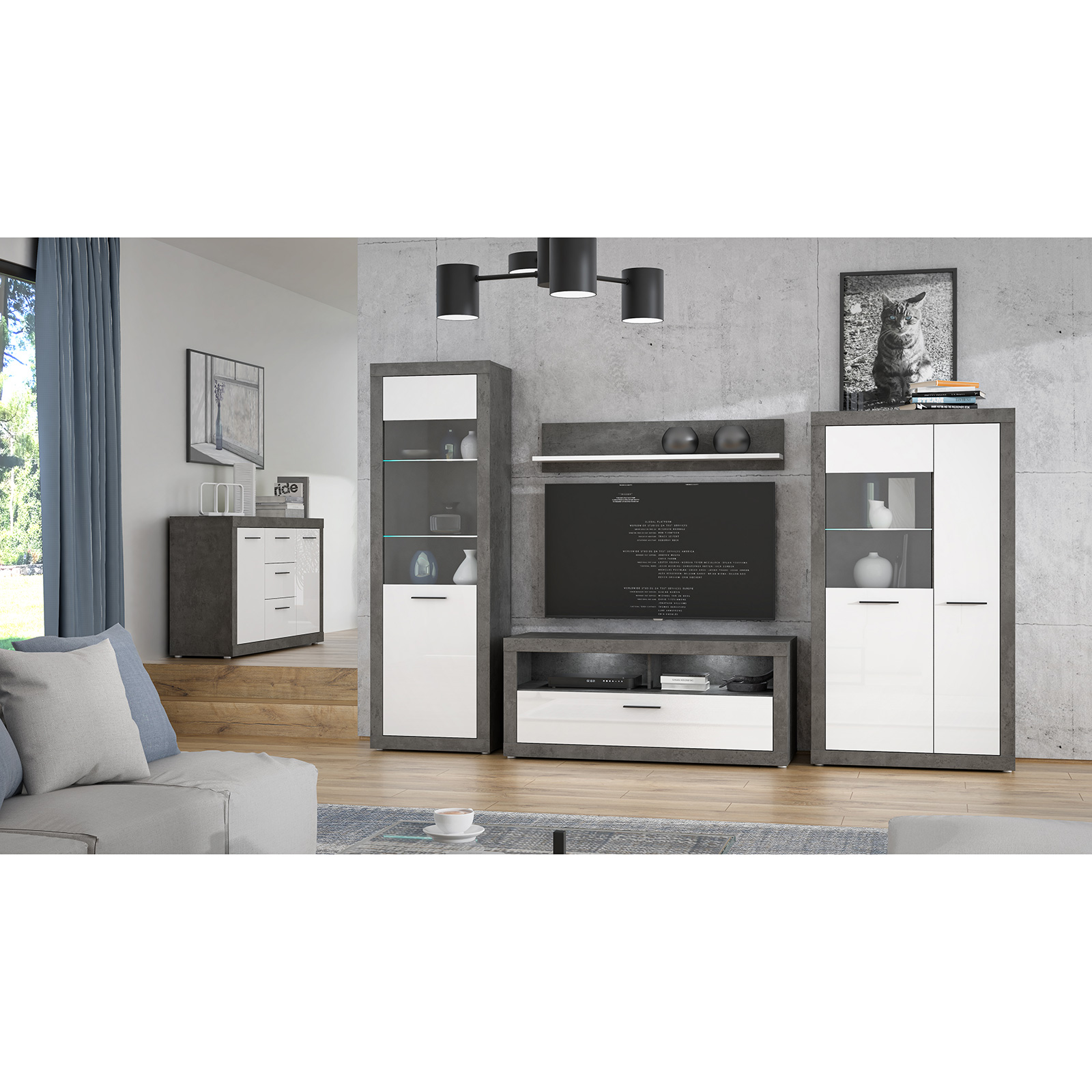 Sideboard - Betonoptik - weiß - 143 cm breit