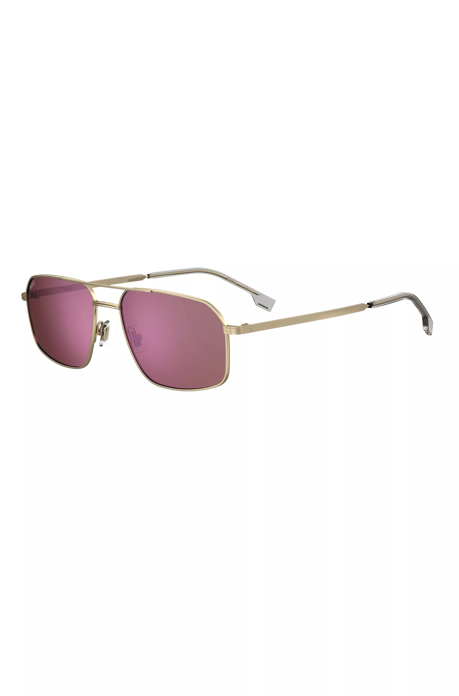 Óculos de sol BOSS em tons de preto e dourado com lentes rosa.