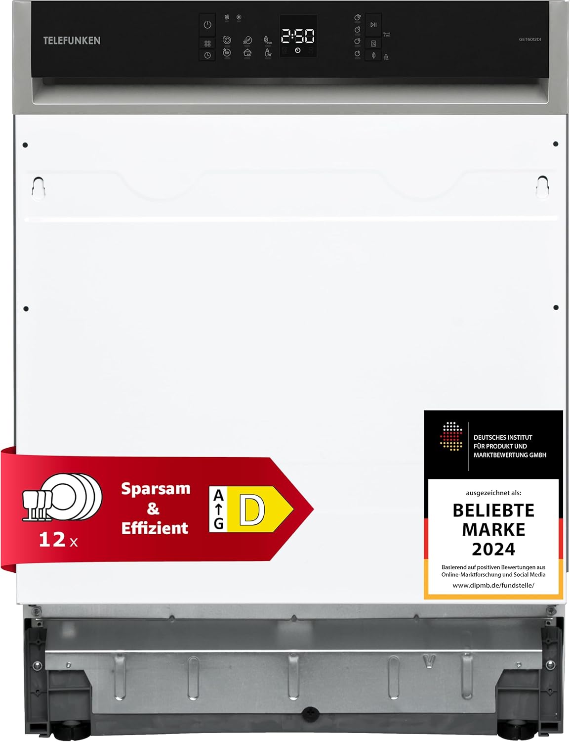 Telefunken Geschirrspüler 60 cm teilintegrierbar, Einbau Spülmaschine, 12 Maßgedecke, 6 Programme, AquaStop, Startzeitvorwahl, Auto-Door, leise 45 dB, Eco, höhenverstellbar, Besteckkorb, GET6012DI