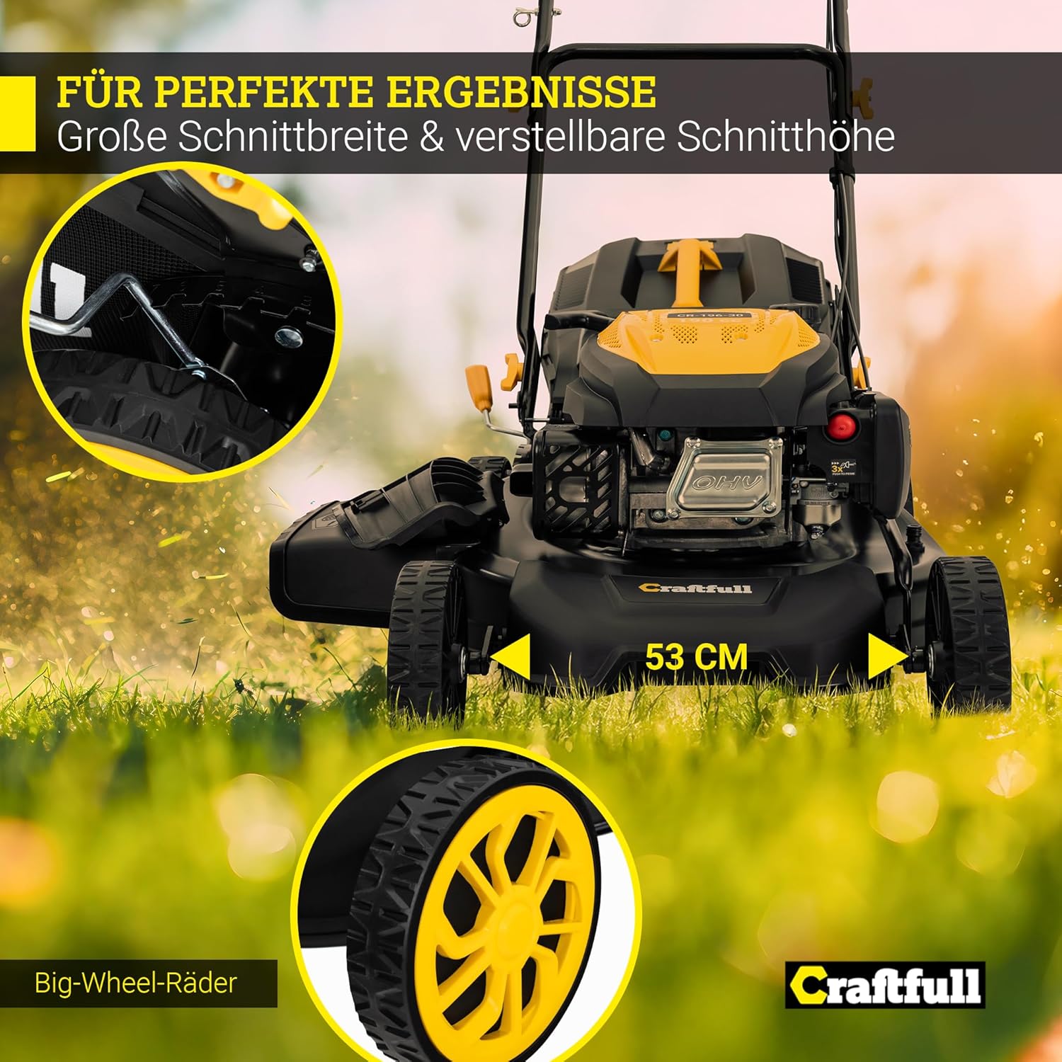 Craftfull Rasenmäher CR-196-30 | 4,4 KW 6 PS | 190 cm³ OHV Motor | Benzinrasenmäher - Mäher Benzin - Selbstfahrantrieb - 53 cm Schnittbreite in 7 Stufen (CR-196-30 4,4 KW 6 PS 190 cm³ Motor Gelb)