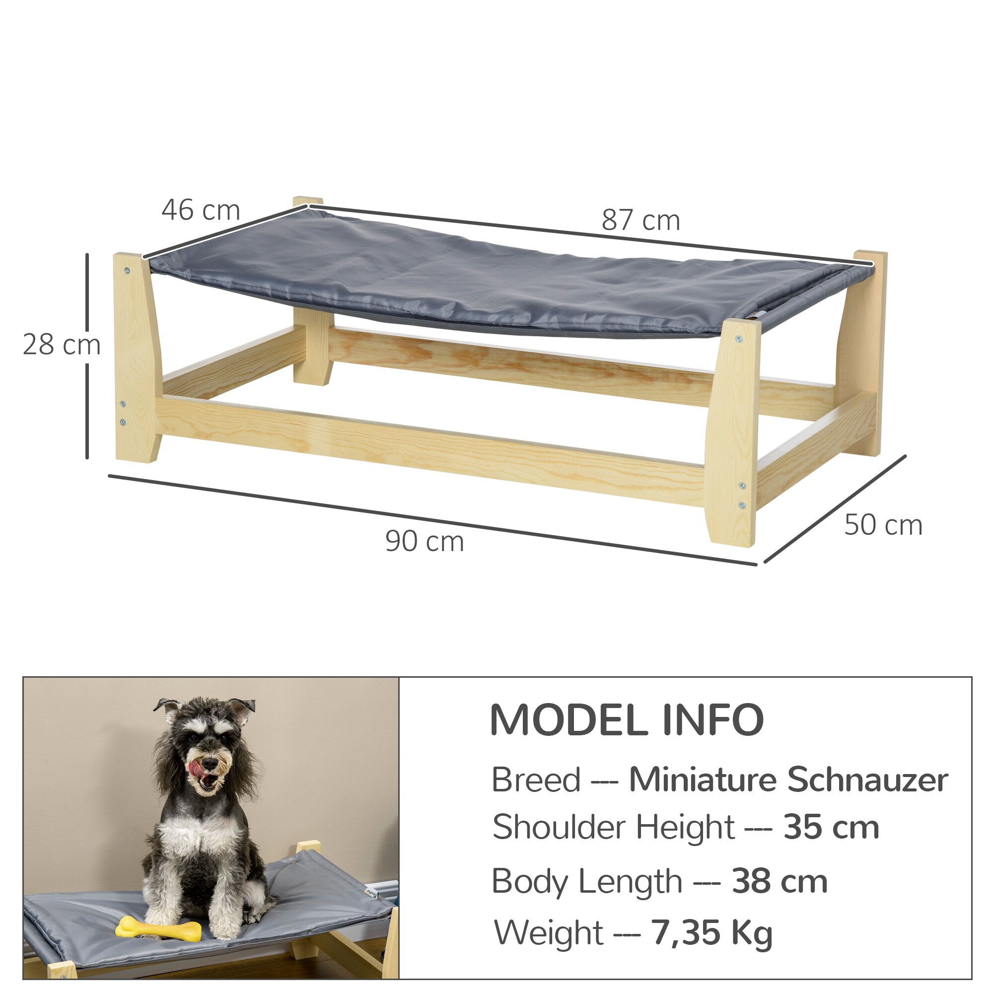 PawHut Haustierbett mit Kissen grau, natur 90L x 50B x 28H cm