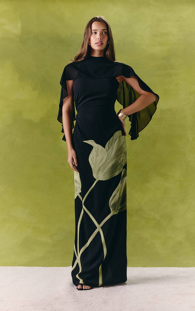 Noir Robe Longue À Superposition Cape En Mousseline À Imprimé Floral