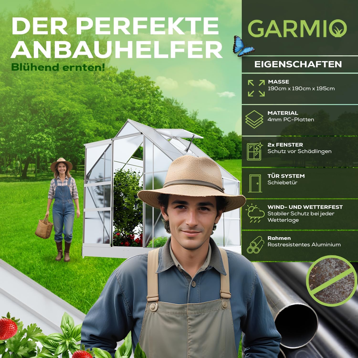 Gewächshaus Cuneo 190x190cm für den Garten, Alu Frühbeet inklusive Fundament, 2 Dachfenster Treibhaus Aufzucht Pflanzenhaus Tomatenhaus 3,7m² UV-Schutz