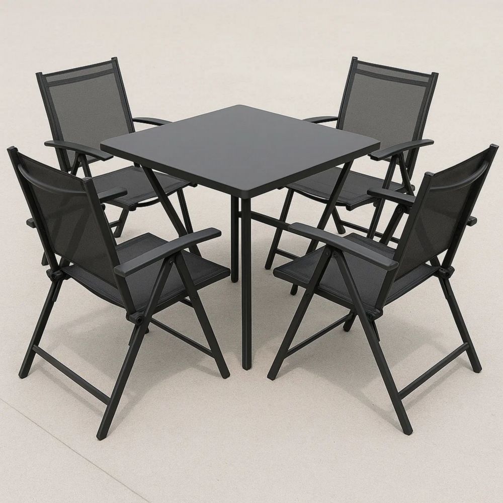 Gartenmöbel Set Quadratischer Tisch Klappstühle Schwarz Metall Textilene 80x80x72cm 5-Set