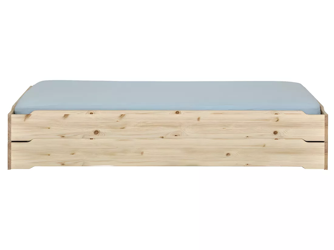 Pack 2 lits empilables et 2 matelas 90x190 cm bois massif bois naturel JELLY