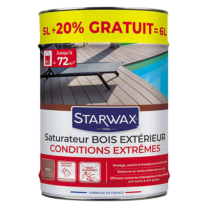 Saturateur extérieur haute protection terrasse en bois Teck Starwax 5L + 20% gratuit