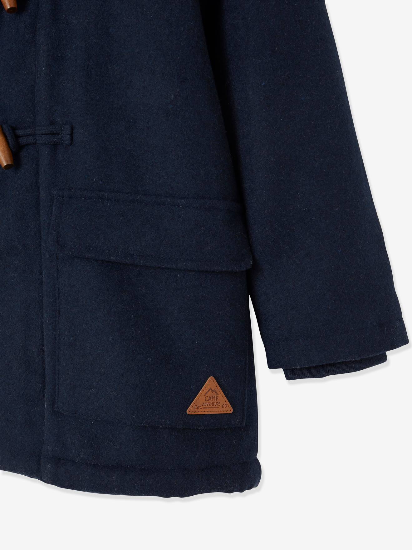 Casaco austríaco de lã com forro de sherpa, para meninos, azul escuro liso com motivos.