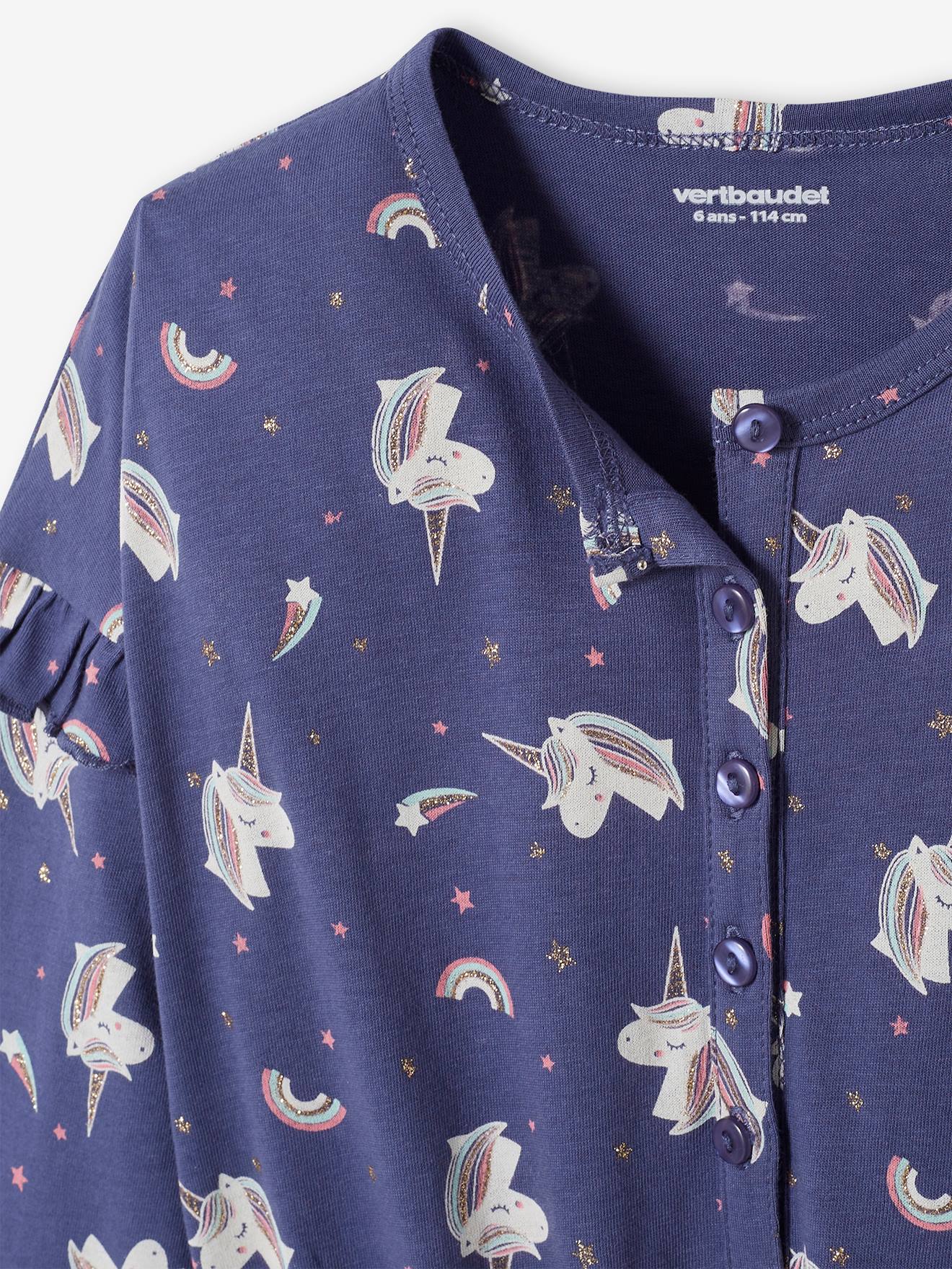 Pijama macacão unicórnio, tamanho médio infantil, azul liso com estampas.