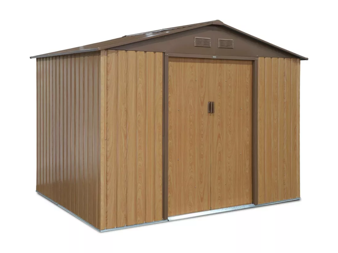 Abri de jardin en métal - FERRAIN 5.29m² couleur chêne - Cabane à outils avec deux grandes portes coulissantes. kit de fixation sol inclus. maison de rangement. remise