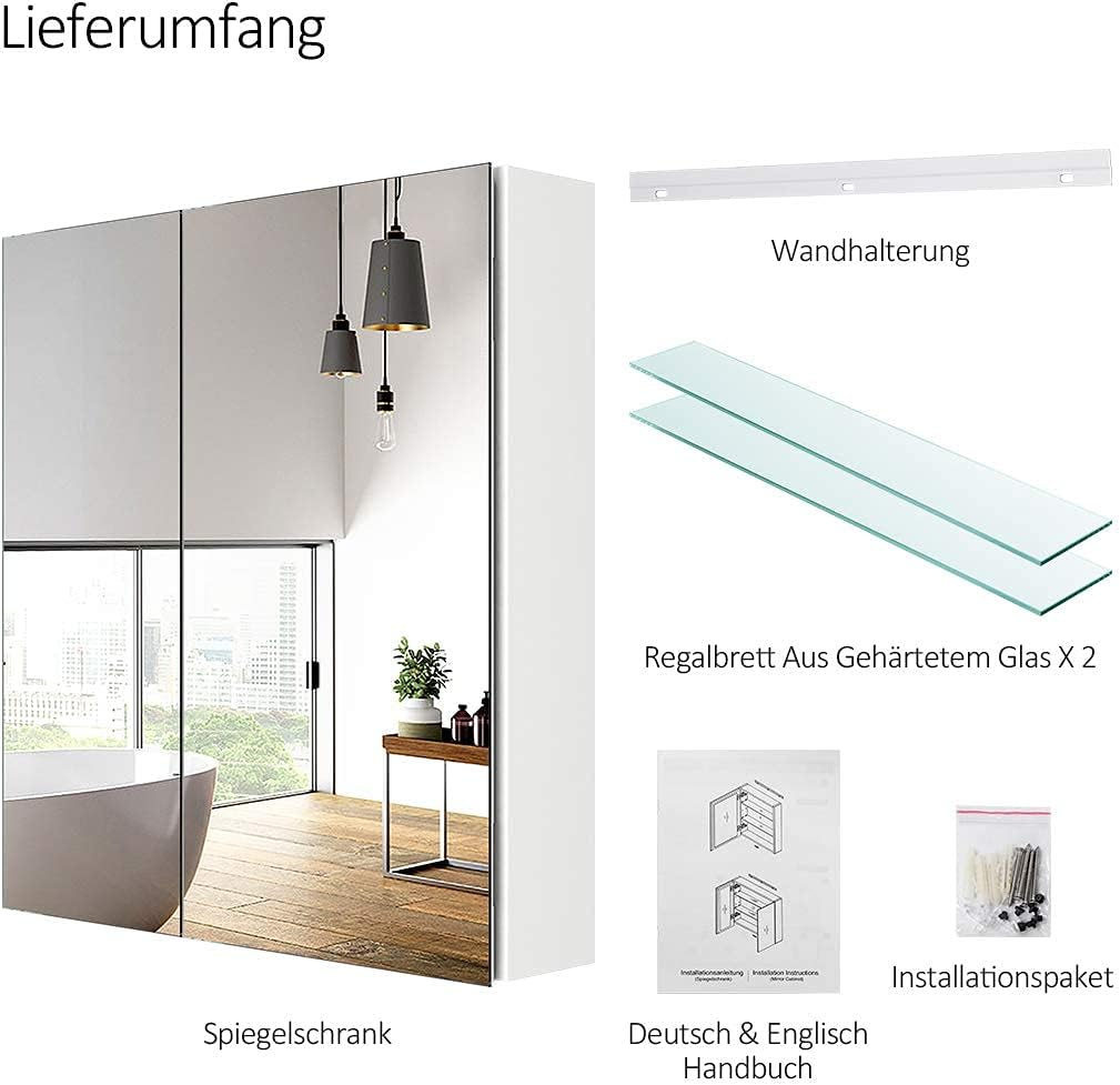 EMKE Spiegelschränke 60x65cm Spiegelschrank Badschrank mit Doppelseitiger Spiegel (Weiß)
