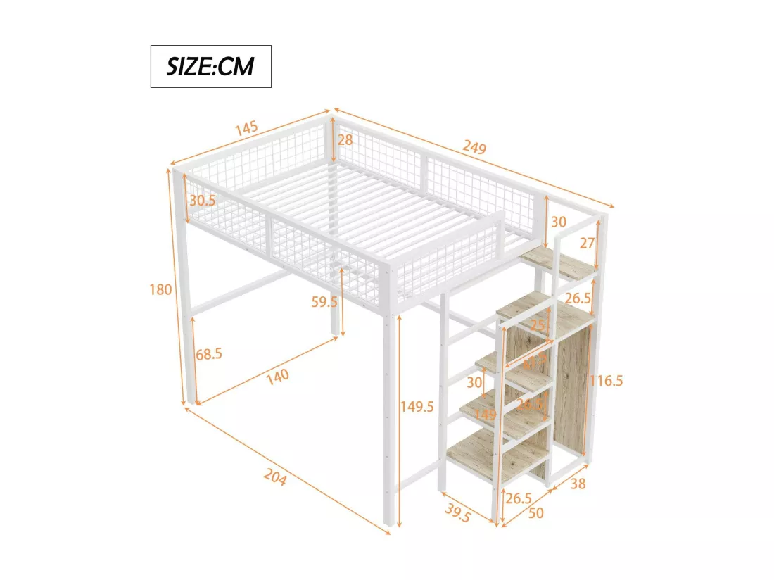 Lit mezzanine enfant 140x200 cm avec structure en fer - avec échelle de rangement et une penderie - Blanc