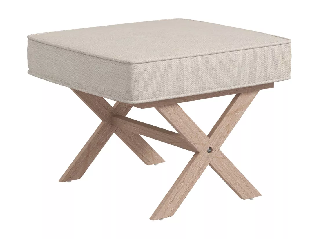 Pouf repose-pied style nordique piètement croisé bois hévéa tissu beige