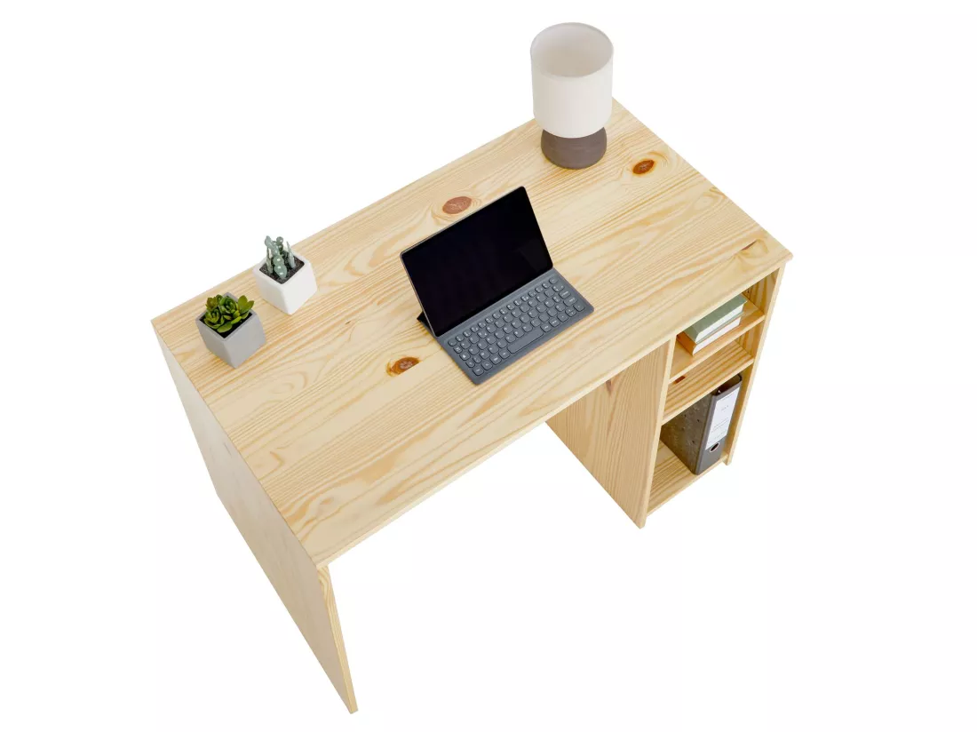 Bureau LIAM avec rangement caisson avec 2 étagères réglables en hauteur, en pin massif recouvetr d'un vernis naturel