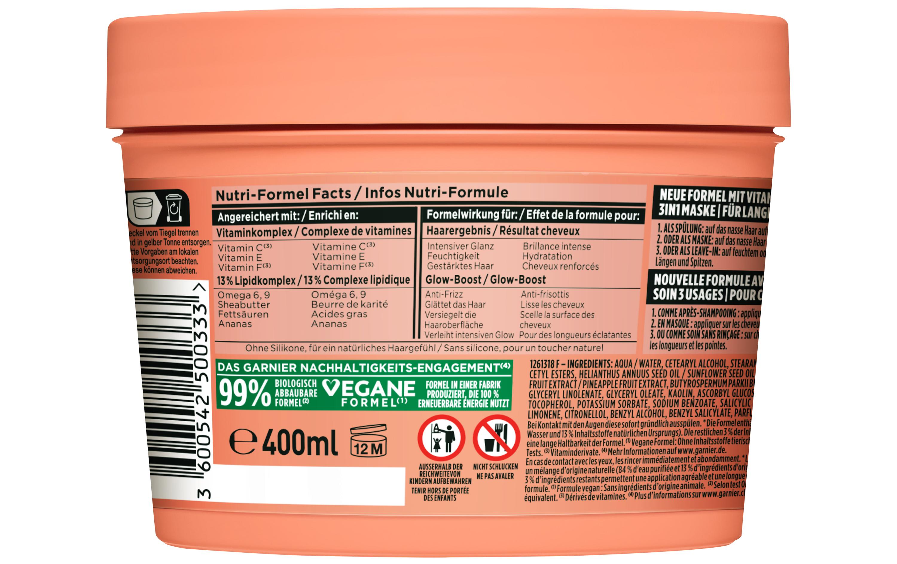 Fructis Hair Food 3in1 Maske Ananas 400 mlMaske pflegt langes, glanzloses Haar und verleiht neuen Glanz