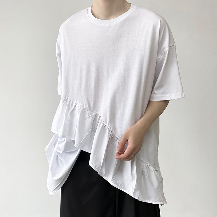 Bjorn - T-shirt met korte mouwen, ronde hals, effen ruches en asymmetrische print