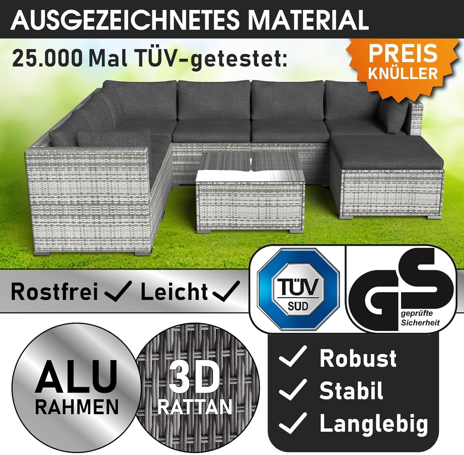 BRAST® Gartenmöbel Lounge Set | 6-7 Personen viele Modelle & Farben | inkl. extra Dicke Kissen | TÜV geprüft | Outdoor Loungemöbel Sitzgruppe Essgruppe Garnitur | Luxus Grau