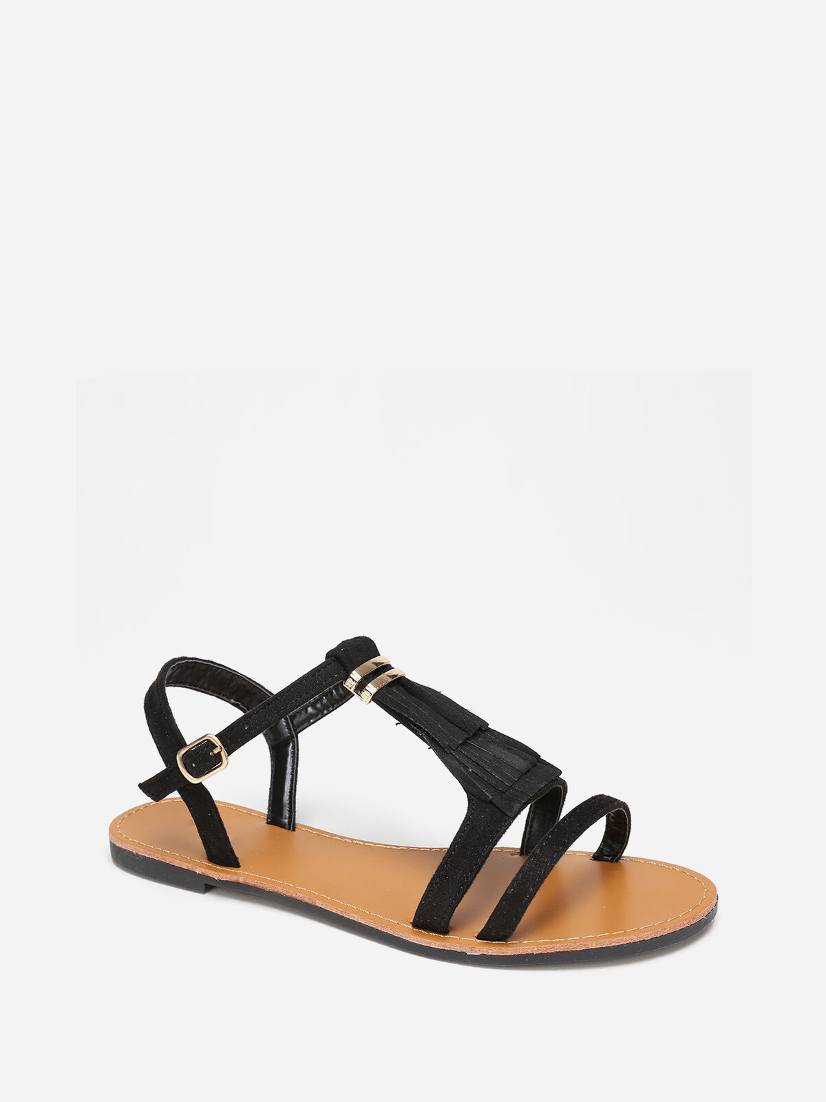 Sandales en suédine avec franges grandes tailles- Noir
