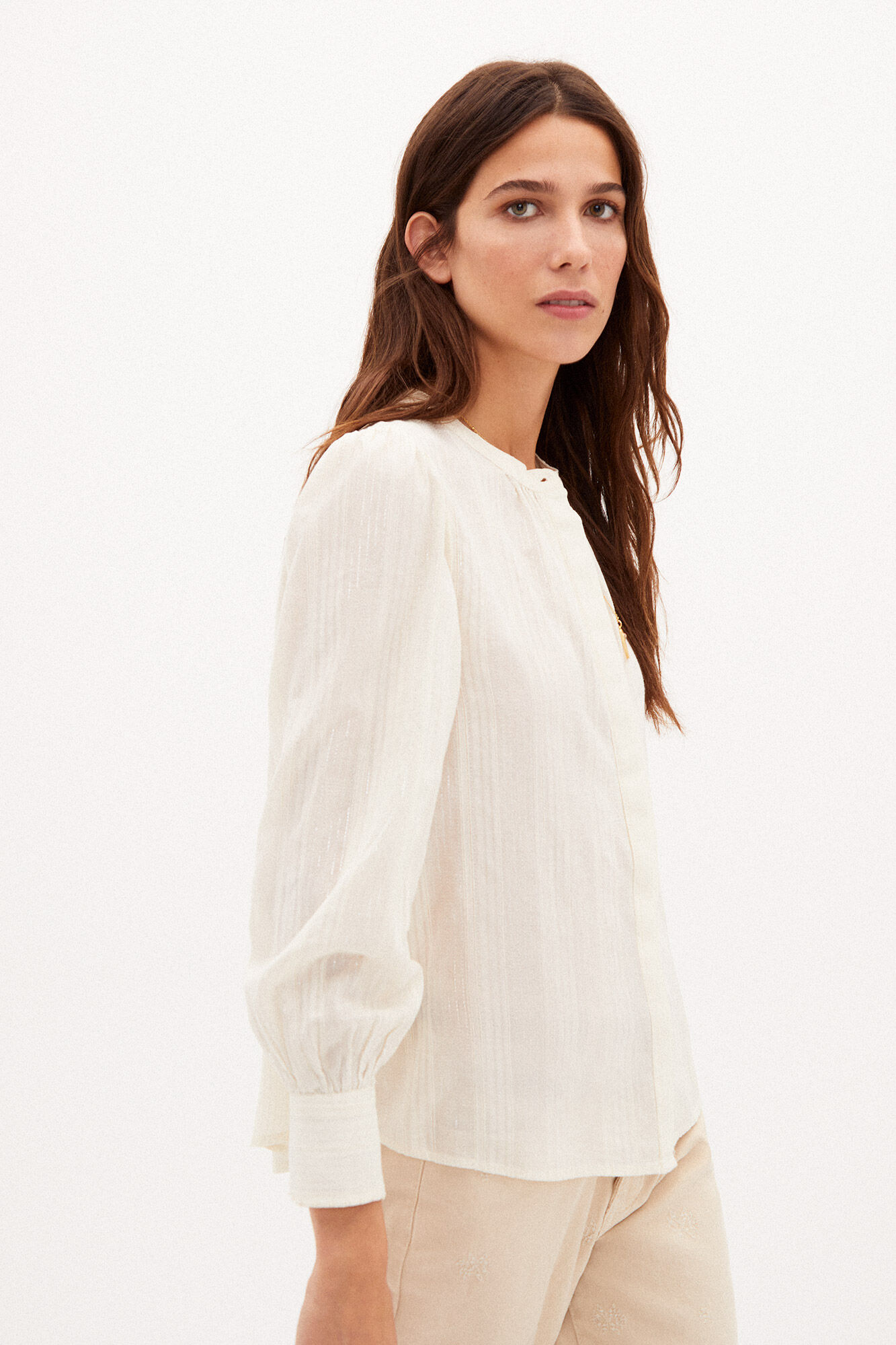 Leila Camisa alonga a cintura com lurex - Bege