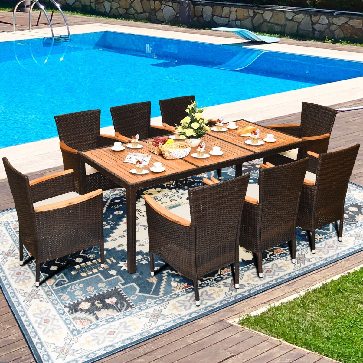 Salon de Jardin en Rotin 9 Pièces pour 8 Personnes Plateau de Table en Acacia Ensemble de Salle à Manger avec Coussins Amovibles Charge 160KG - Lidl-Manfred