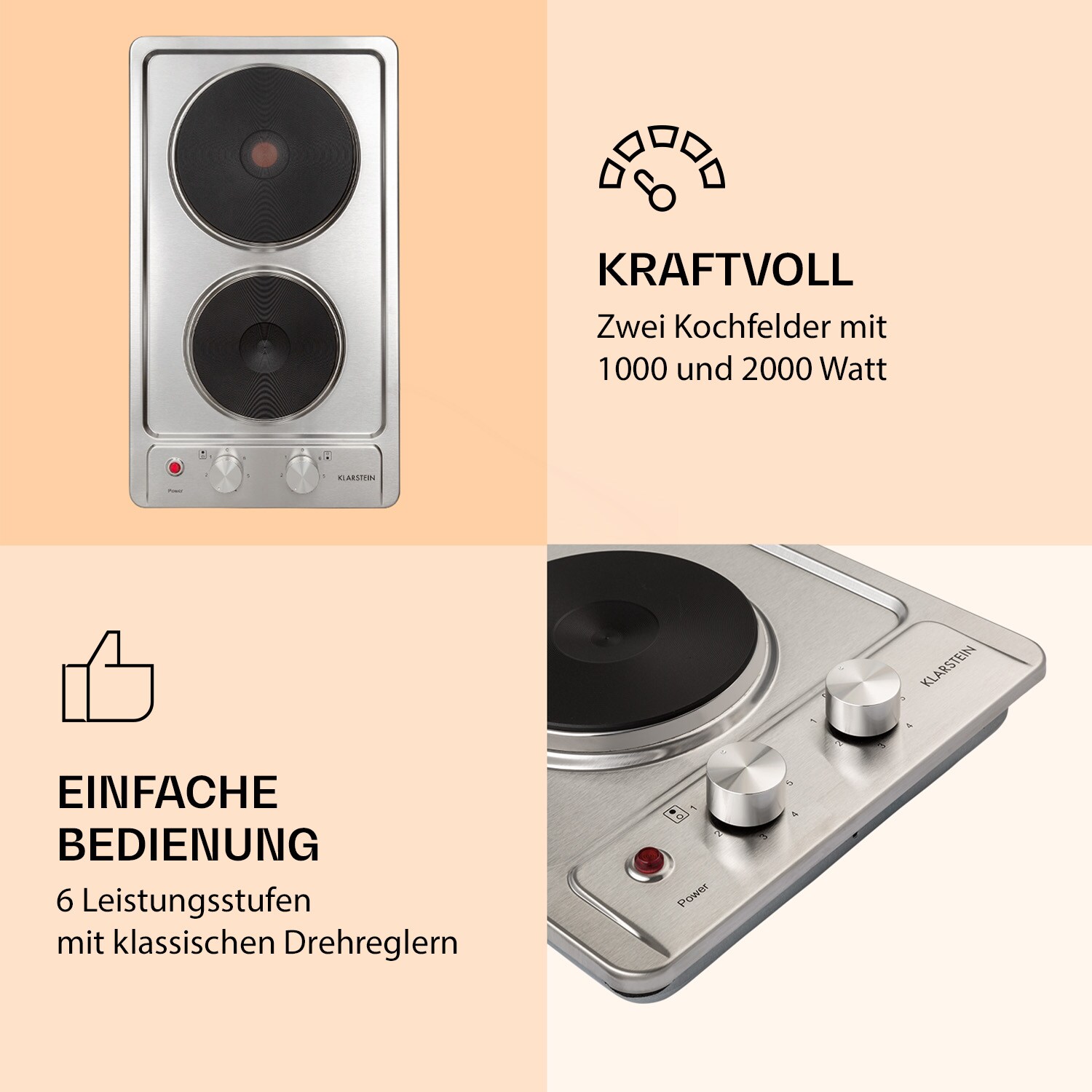 Appetito Domino Elektrokochfeld 2 Platten 3000 Watt Edelstahl