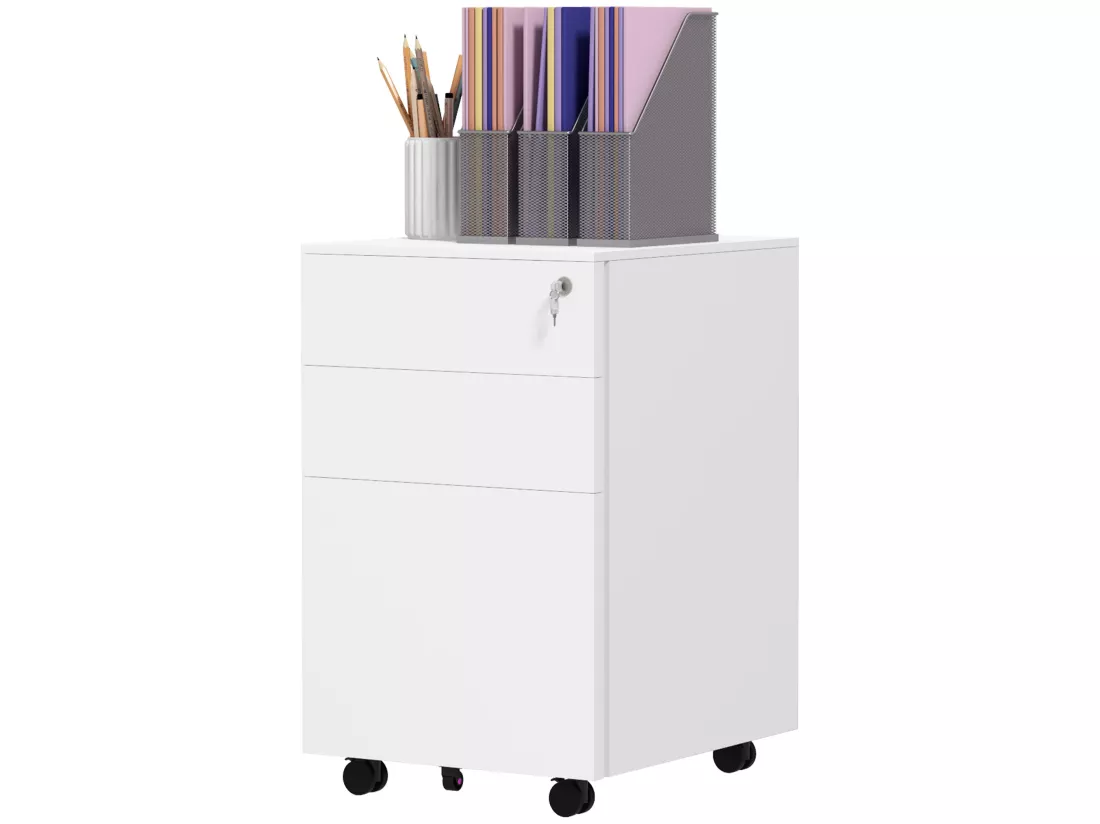 Caisson de bureau rangement bureau sur roulettes 3 tiroirs coulissants verrouillables trieur à dossiers acier blanc