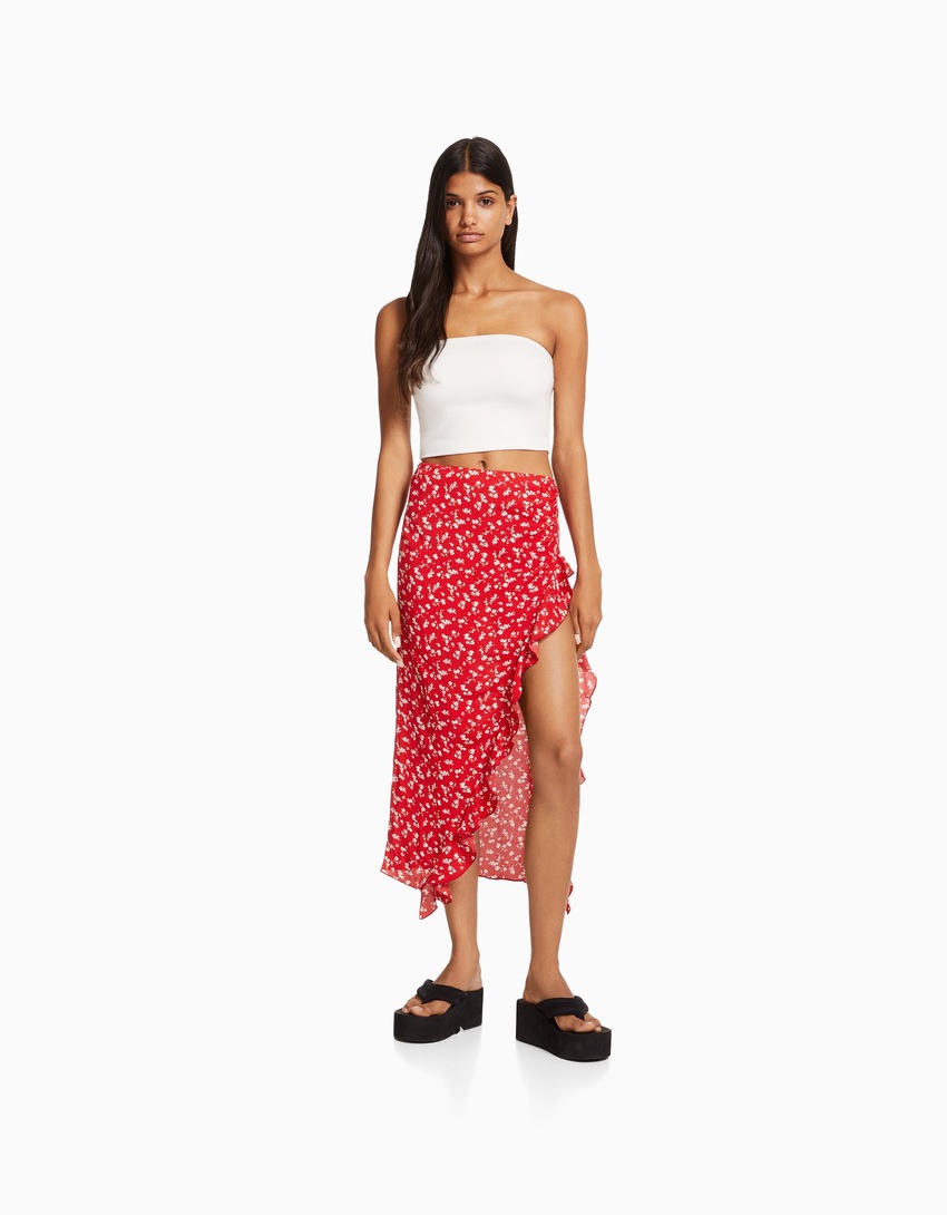 Saia midi com babados e estampa floral