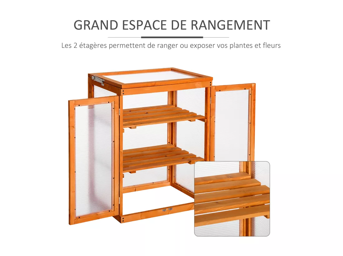 Mini serre de jardin 3 niveaux dim. 58L x 44l x 78H cm double porte toit ouvrant bois sapin lasuré polycarbonate