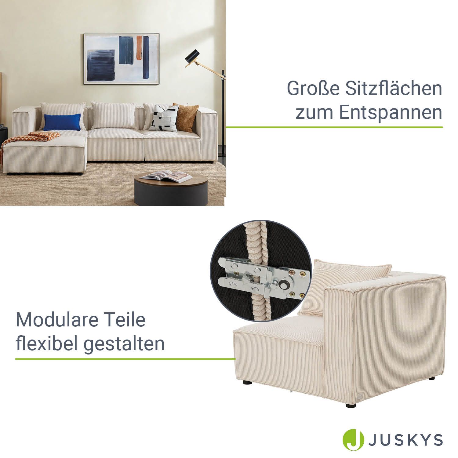 Juskys modulares Sofa Domas L - Couch Wohnzimmer - 3 Sitzer - Ottomane & Kissen - Cord Beige