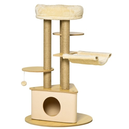 Arranhador triangular bege para gatos PawHut com toca