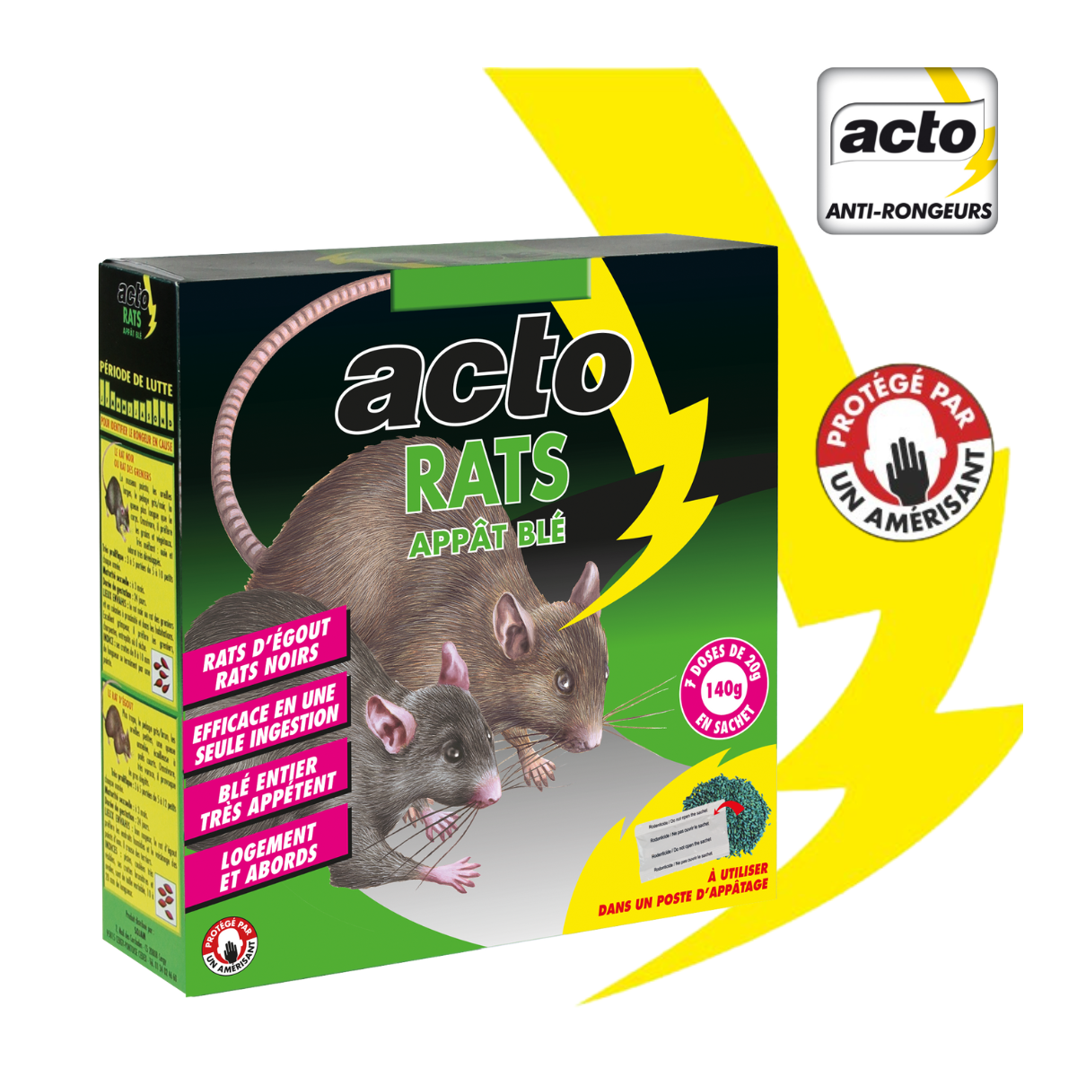 Acto rats appât blé - 7 x 20 grs - solution efficace contre rats noirs et rats
