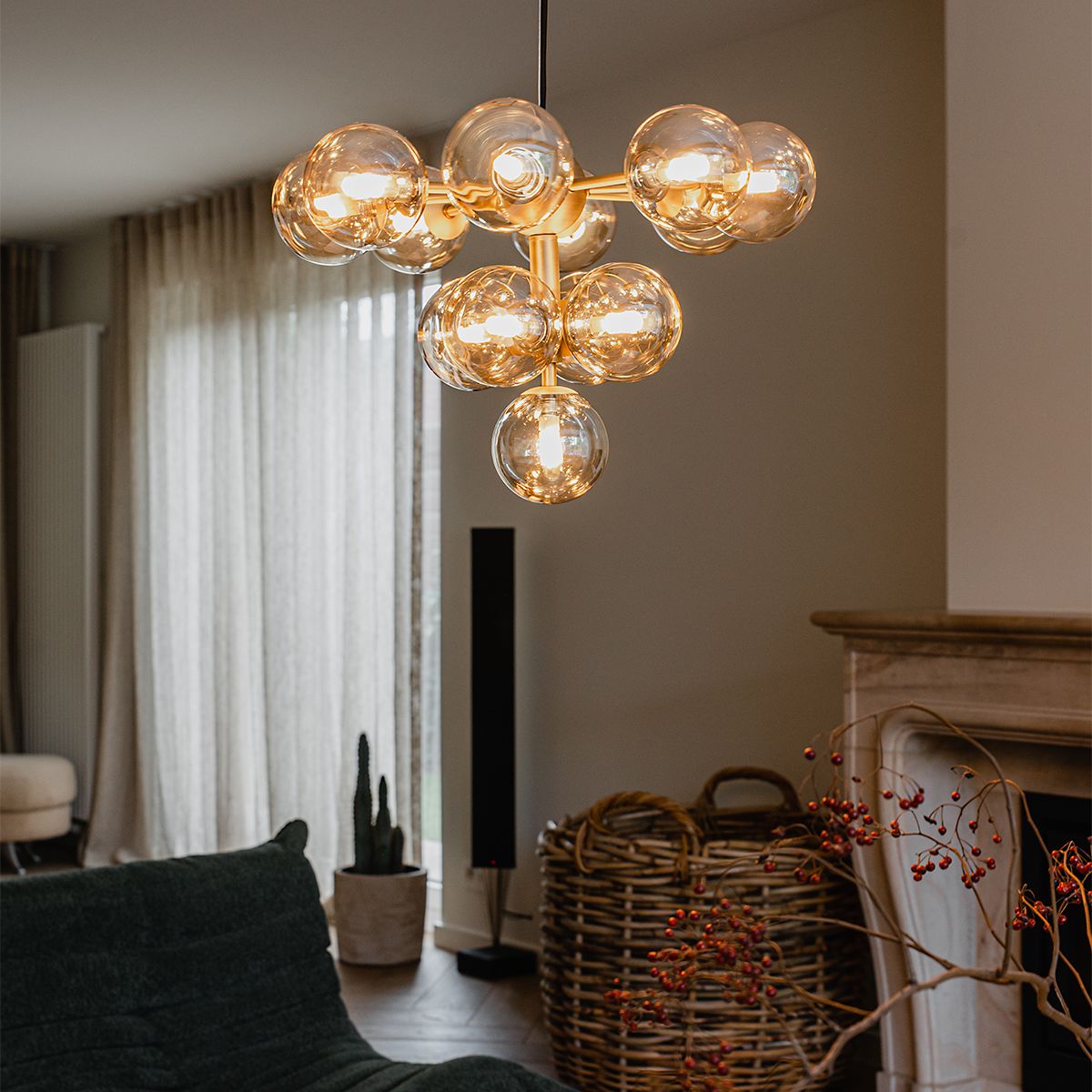Hanglamp brons met amber glas 13-lichts - Bianca