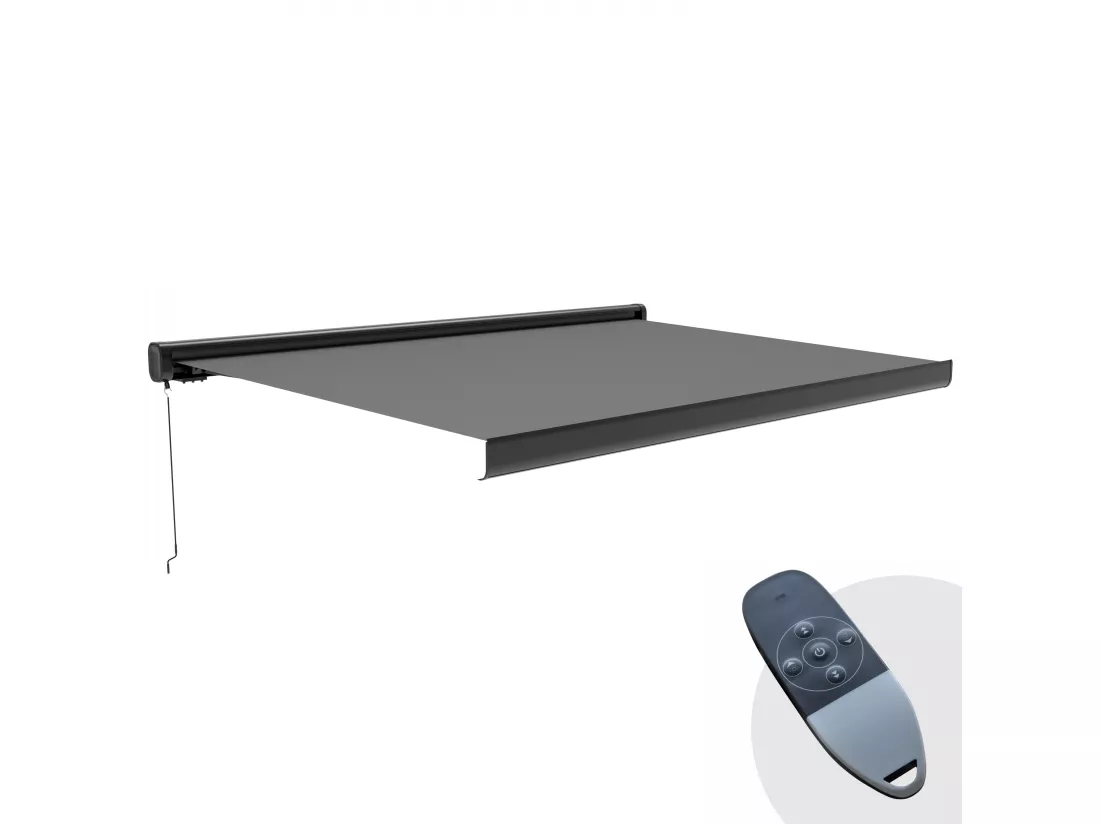 Store banne electrique gris +led coffre 5x3m aluminium noir