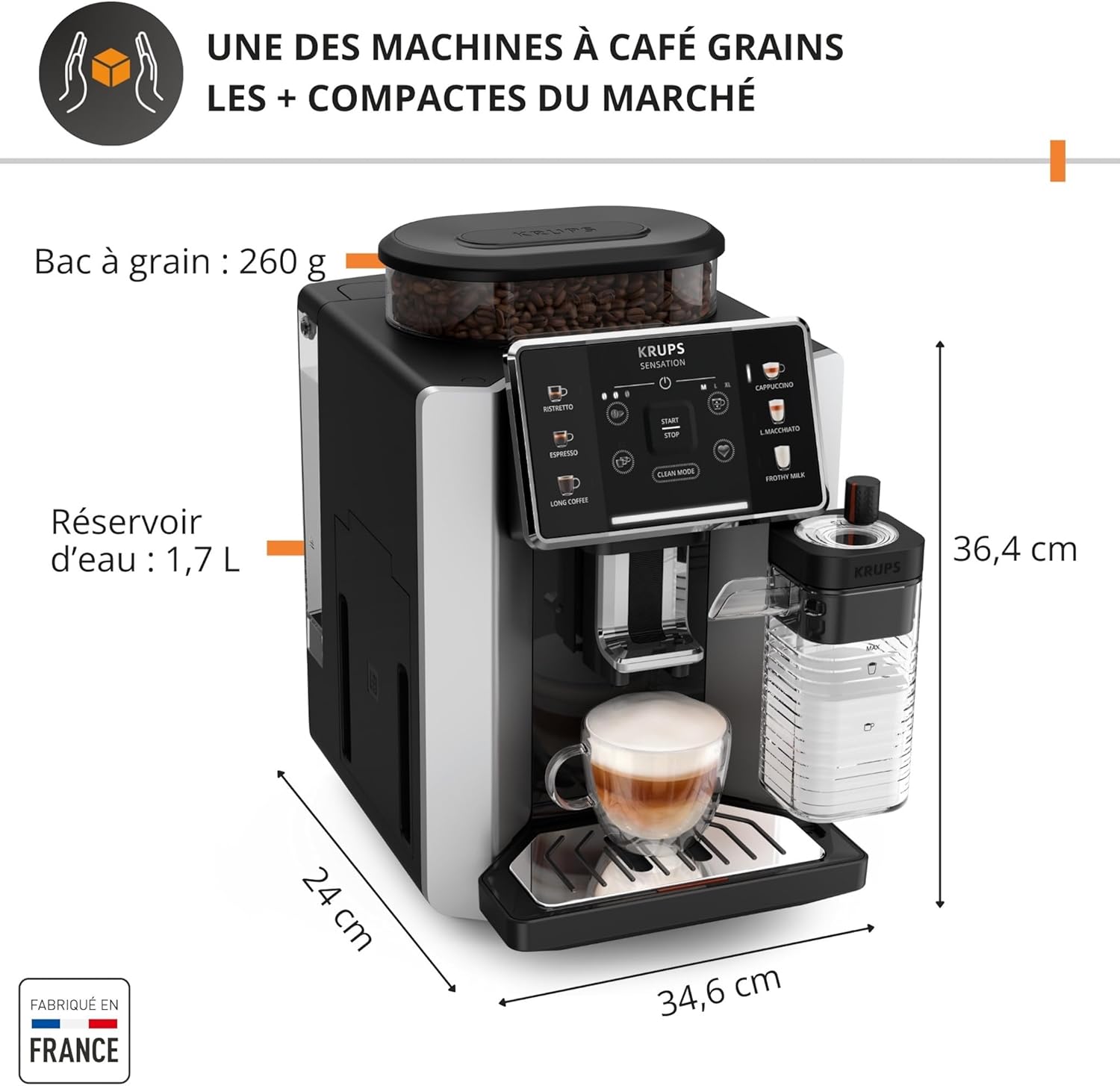 Krups Sensation Lait, Machine à café grains, machine expresso, 6 boissons, Carafe à lait, Cappuccino, Interface tactile, Nettoyage automatique, Silver, EA912E10