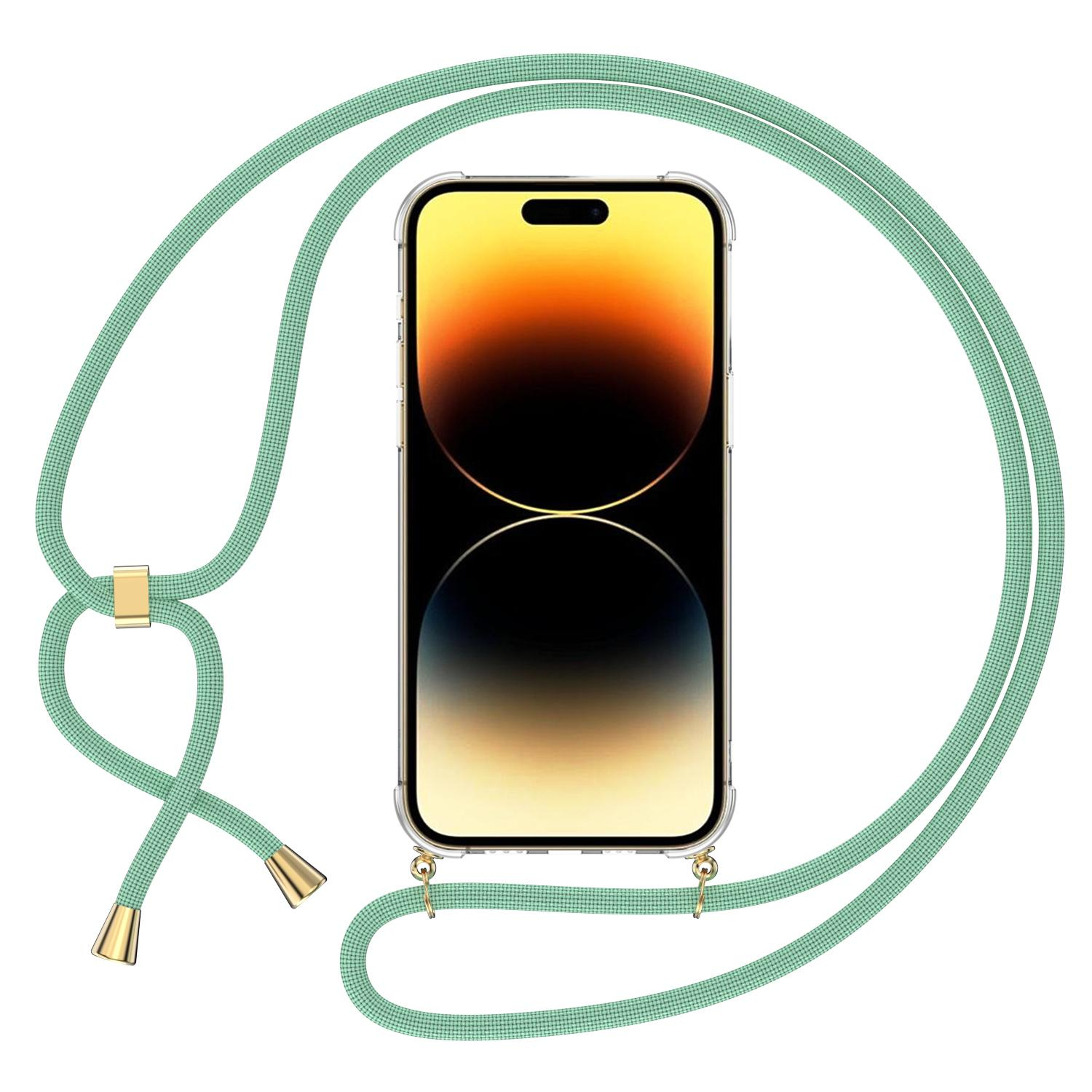 iPhone 14 Pro Max Necklace Gummi Hülle Air Cushion Fallschutz   Handykette (150cm) - Transparent / Türkis