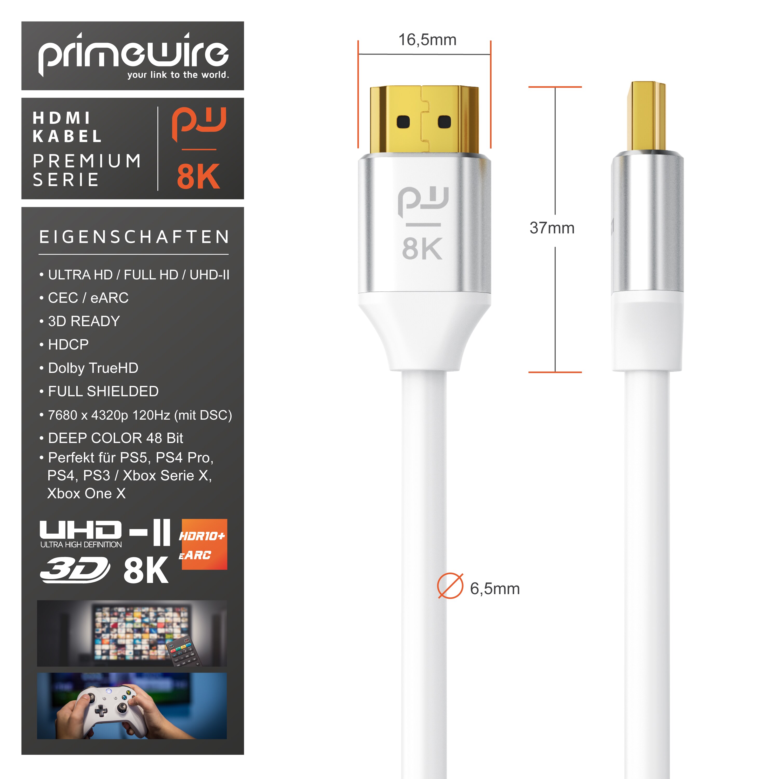 Primewire 8K Premium HDMI Ultra High Speed Kabel 2.1 7680 x 4320 @ 120 Hz mit DSC - 0,5m