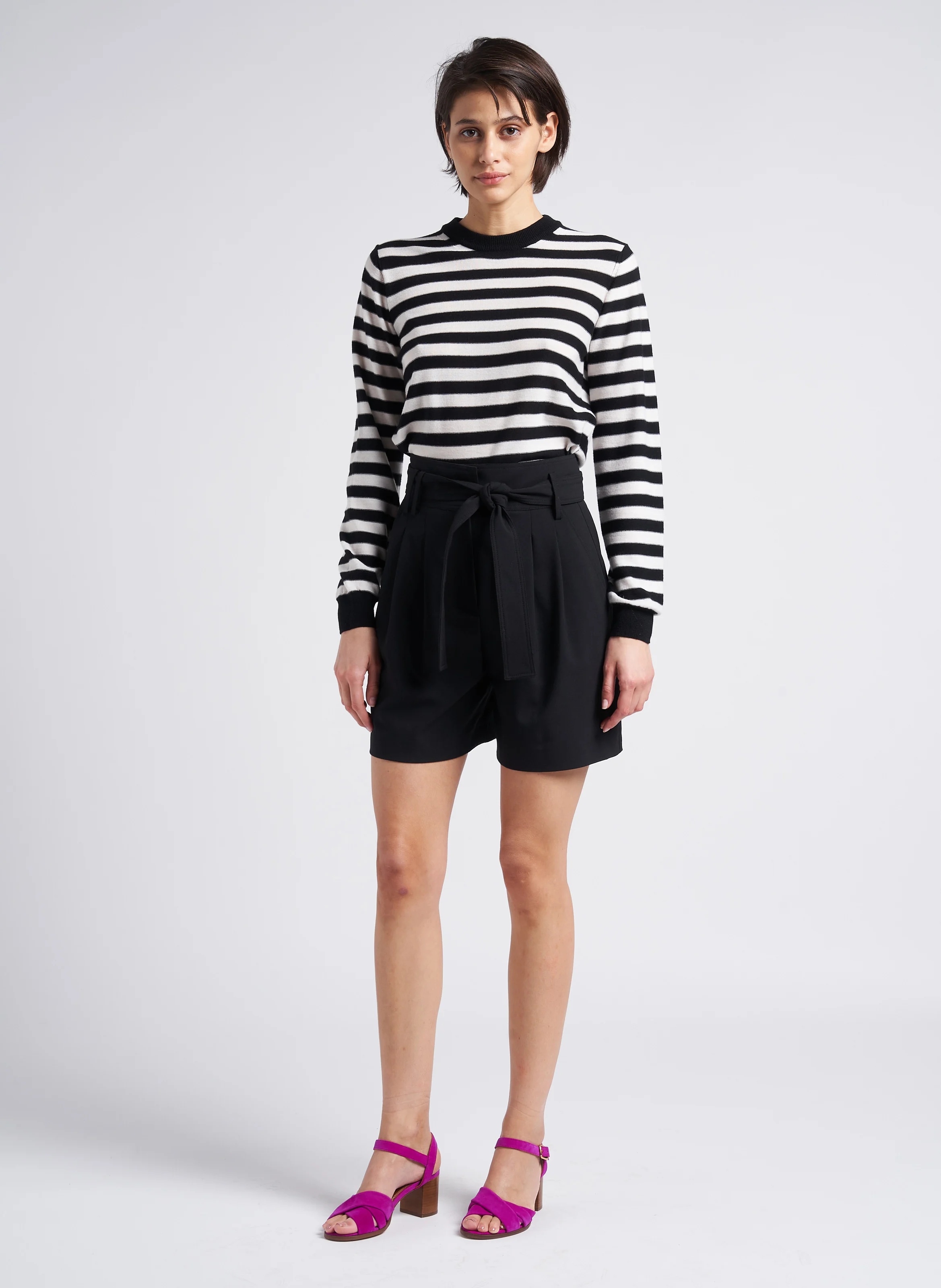 Pull fin col rond rayé en laine mérinos | Rayé