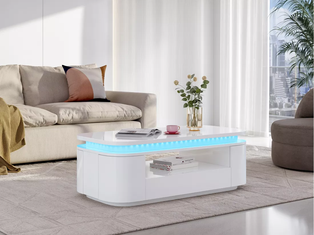 Table basse 4 portes et 1 tiroir avec LEDs en MDF - Blanc laqué - VANDANA