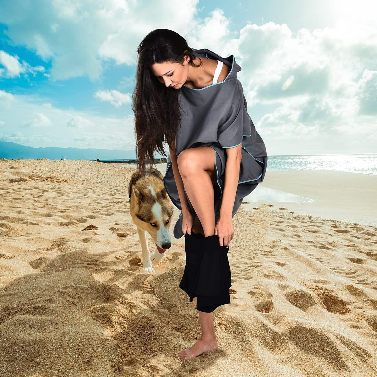 (107x80cm) Mikrofaser Bademantel Beach Tuch Poncho Umziehhilfe - Grau