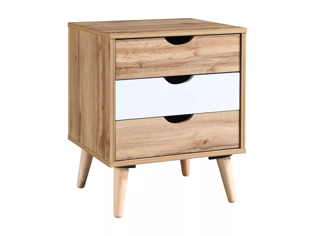 Table de chevet avec 3 tiroirs - Coloris : Naturel et blanc - LURVIA