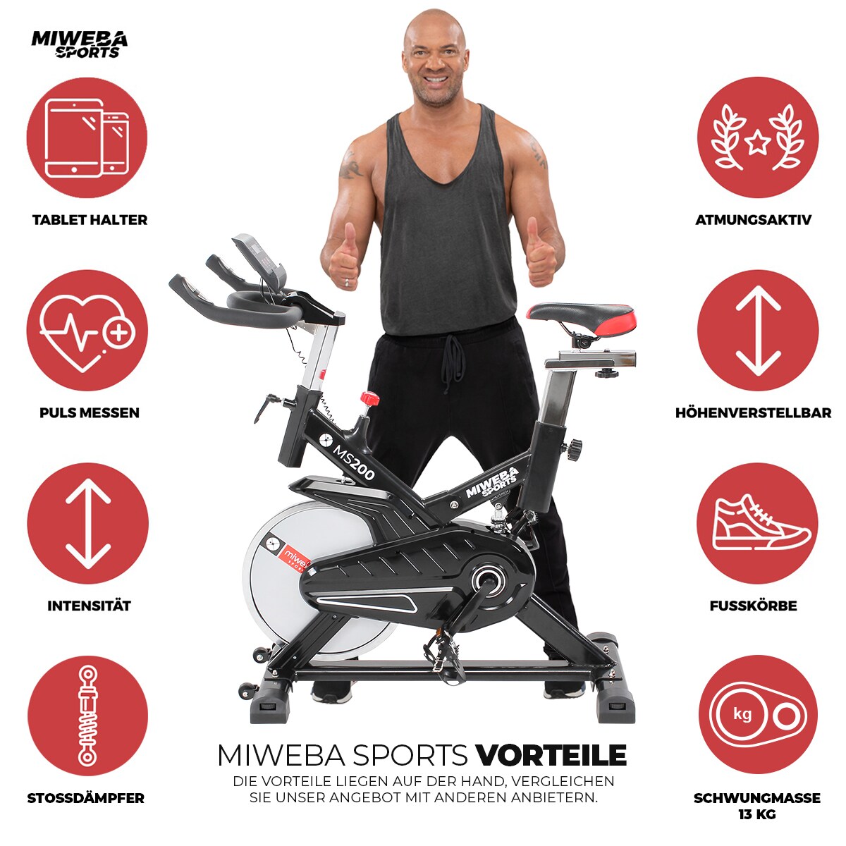 Miweba Sports Indoor Cycle MS200, 13 kg Schwungrad, für zuhause geeignet (Schwarz)