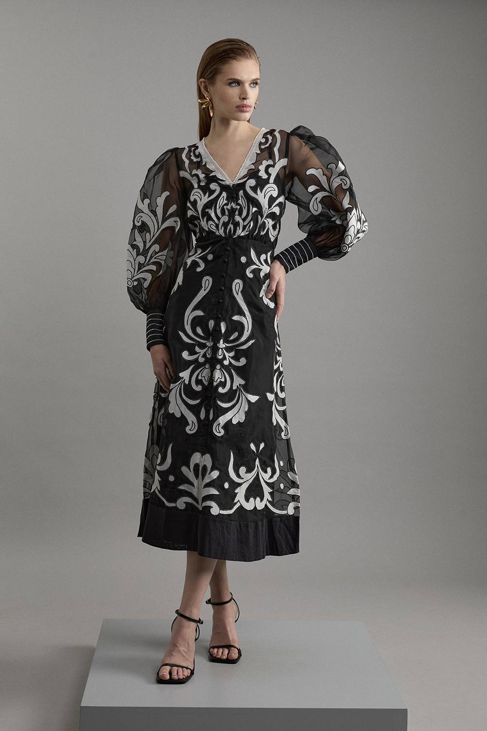 KarenMillen Petite Robe Midi Tissée Boutonnée en Organdie à Appliqué
