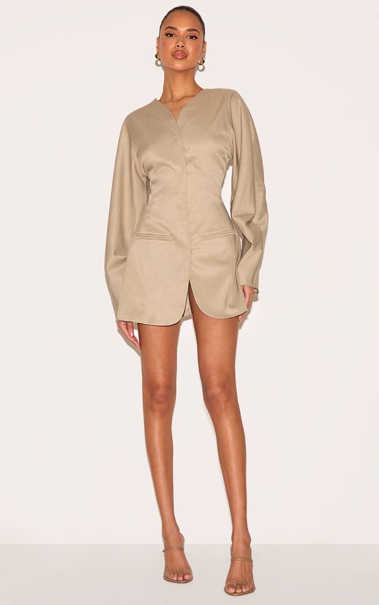 Gris Argile Robe Blazer Sans Col En Tissu Tissé À Manches Ballon