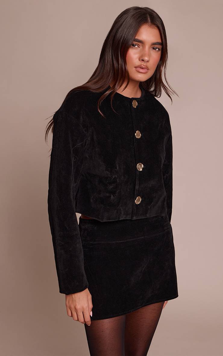 Noir Veste En Daim Col Rond Boutons Dorés