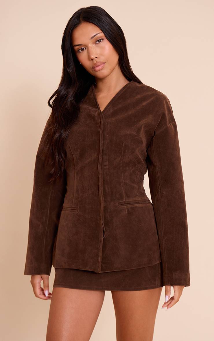Marron Foncé Ensemble Coordonné Jupe Mini En Daim