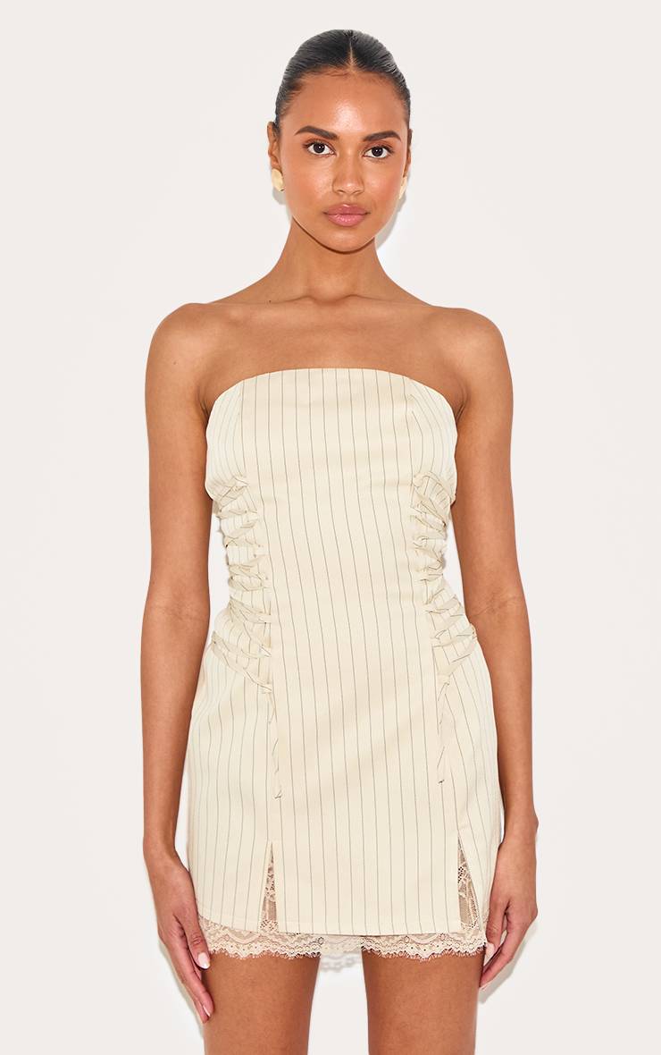Crème Robe Droite À Rayures Fines Bandeau Avec Bordure En Dentelle
